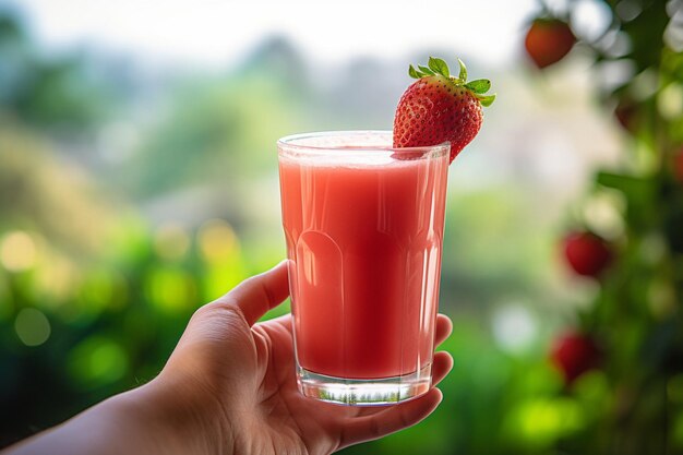 Scatti ravvicinati di mani che tengono un bicchiere di succo di fragole