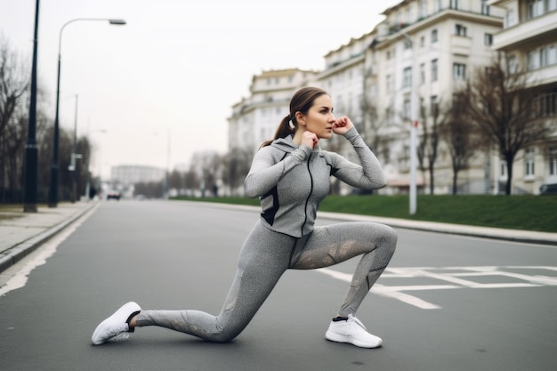 Scatto a figura intera di una giovane donna che fa stretching prima di iniziare una corsa creata con l'IA generativa