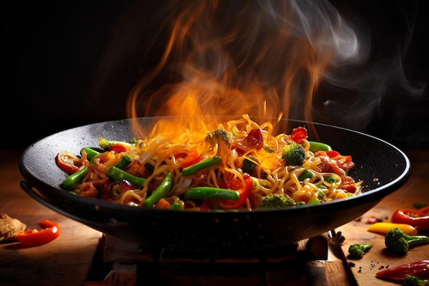 Scatto ad alta angolazione di un fritto frizzante in un wok