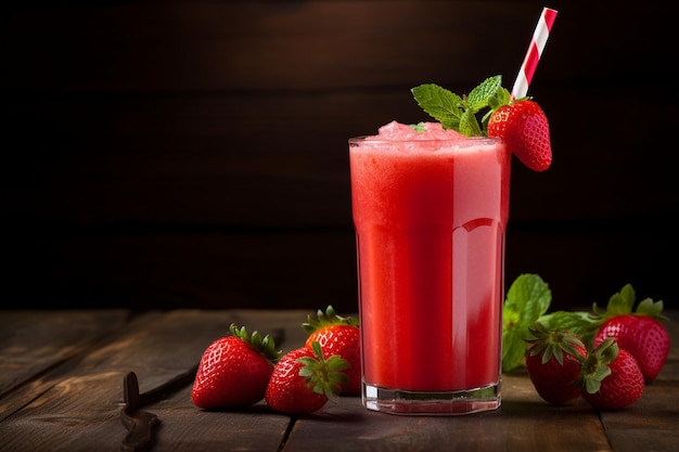 Scatto ad alto angolo di una brocca di vetro piena di succo di fragola rossa vibrante