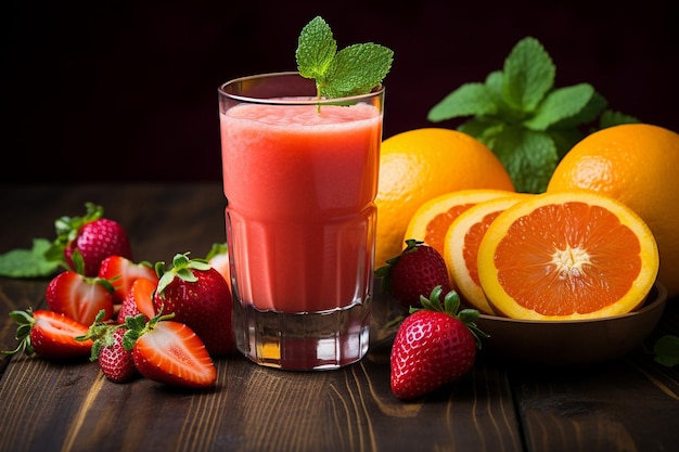 Scatto ad alto angolo di una brocca di vetro piena di succo di fragola rossa vibrante