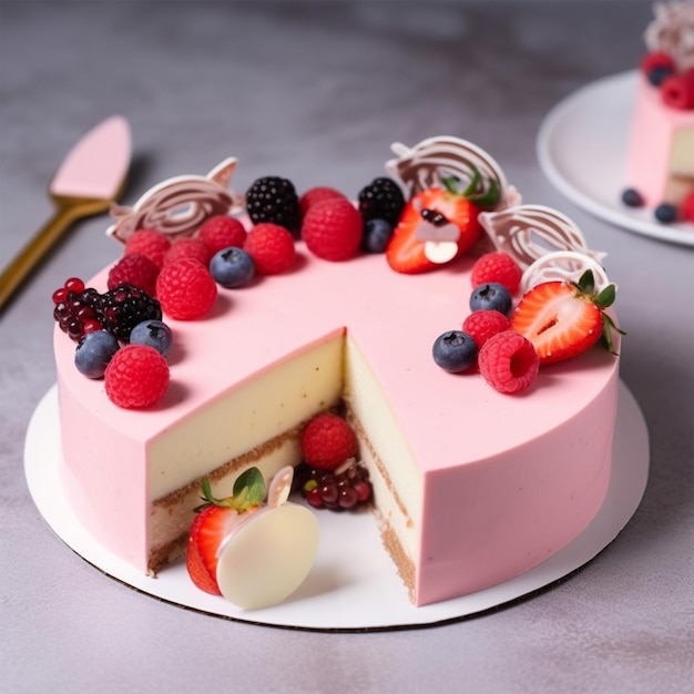 Scatto ad angolo di un pezzo tagliato da una bellissima torta di bacche