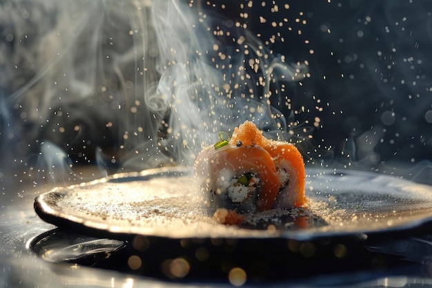 Scatto artistico di sushi con un'esplosione di polvere che crea un effetto atmosferico