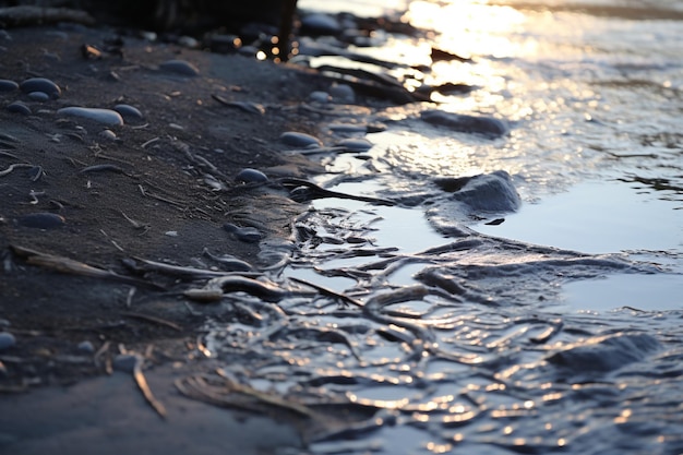 Scatto astratto verticale dell'acqua che raggiunge la sabbia della spiaggia lasciando tracce