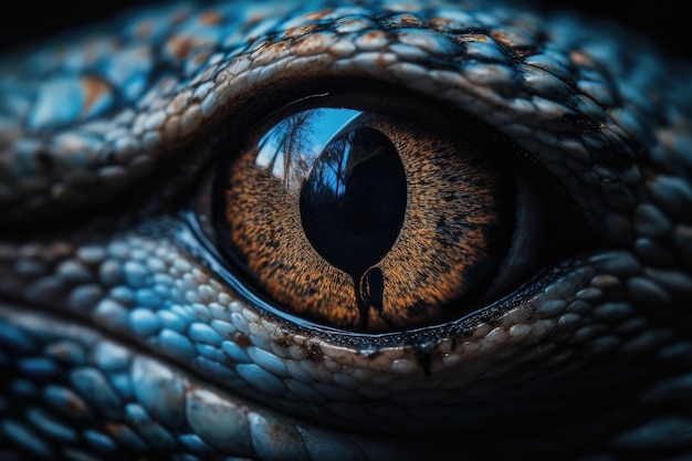 Scatto cinematografico di un occhio azzurro con una pupilla sottile che ricorda quella di un gatto o di un rettile Perfetto per poster e web design IA generativa