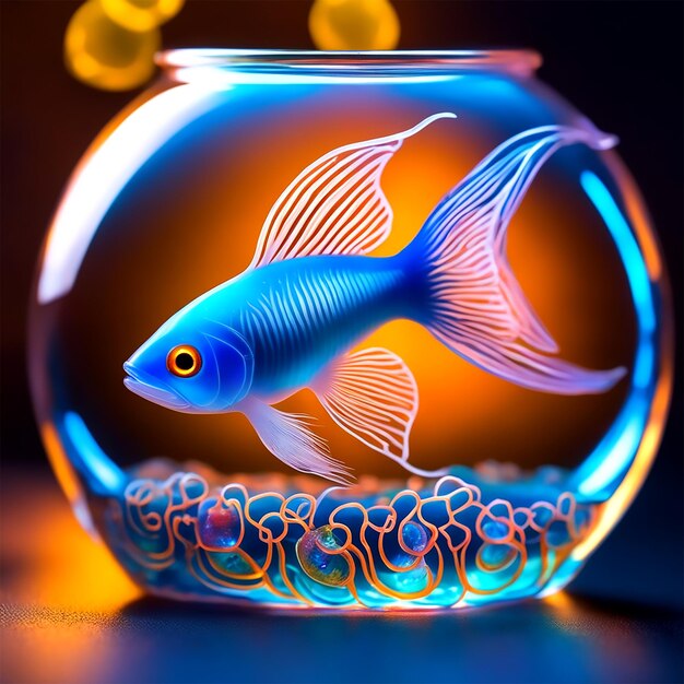 Scatto con doppia esposizione di un pesce gatto ultra dettagliato con bagliore iridescente all'interno di un barattolo molto luminoso