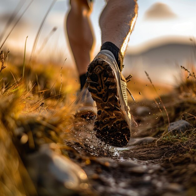 Scatto d'azione da vicino dei piedi dei corridori che schizzano nel fango sul sentiero forestale