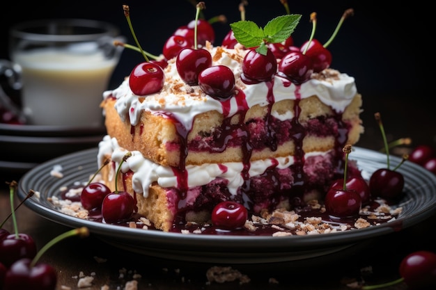 Scatto da vicino di una torta di ciliegie con crema e ingredienti accanto alla IA generativa nera