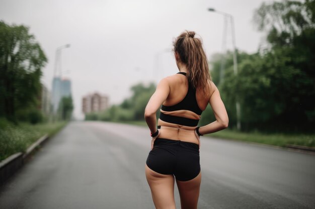 Scatto dal retro di una giovane donna che si tiene la schiena dolorante dopo una corsa creata con l'IA generativa