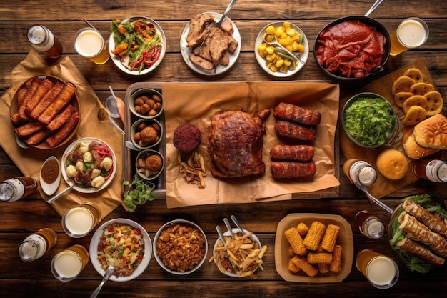 Scatto dall'alto del tavolo da picnic con birre artigianali e barbecue creato con l'IA generativa