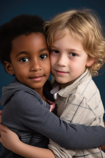 Scatto di bambini piccoli che si tengono in braccio e guardano la telecamera creata con l'AI generativa