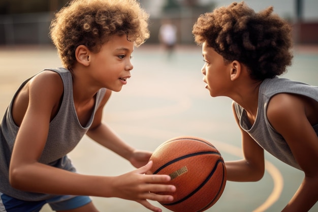 Scatto di due bambini che giocano a basket insieme creato con l'IA generativa