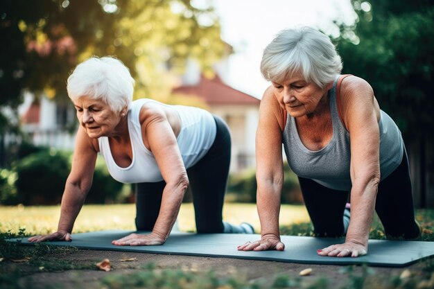 Scatto di due donne anziane che si allenano all'aperto creato con l'IA generativa