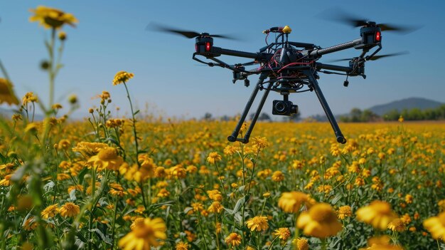 Scatto di impollinazione basata su droni che volano sopra un fiore