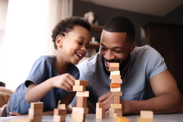 Scatto di padre e figlio che giocano insieme con i mattoncini a casa creata con l'IA generativa
