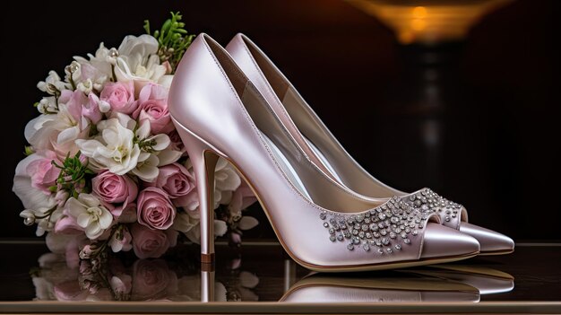 scatto di scarpe da sposa indossate dalle spose accompagnate da un bellissimo bouquet