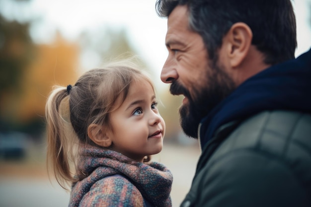 Scatto di un'adorabile bambina e suo padre in piedi all'esterno creato con l'IA generativa