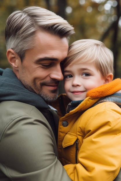 Scatto di un adorabile ragazzino e suo padre che si abbracciano creato con l'IA generativa