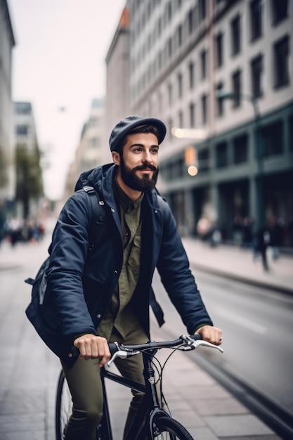 Scatto di un bel giovane in sella alla sua bicicletta attraverso la città creata con l'IA generativa