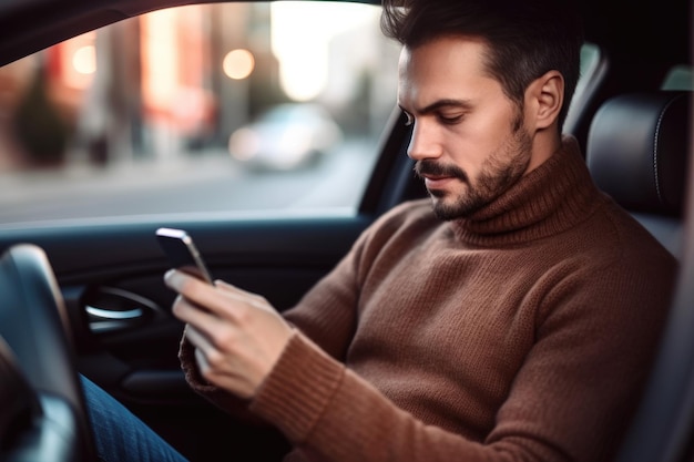 Scatto di un bell'uomo che utilizza il suo smartphone mentre è seduto nella sua auto creato con l'IA generativa