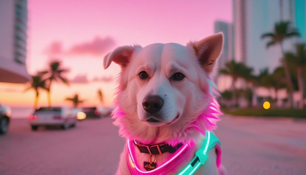 Scatto di un cane alla moda di VaporWave a Miami