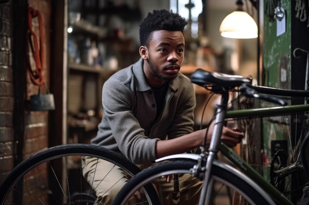 Scatto di un giovane che guarda una bicicletta nella sua officina creata con l'IA generativa