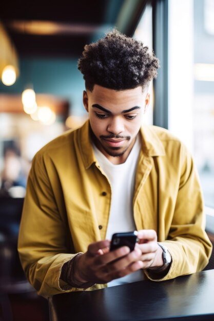 Scatto di un giovane che manda un messaggio di testo sul suo telefono in un caffè creato con l'AI generativa