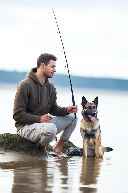 Scatto di un giovane che pesca in spiaggia con il suo cane creato con l'IA generativa