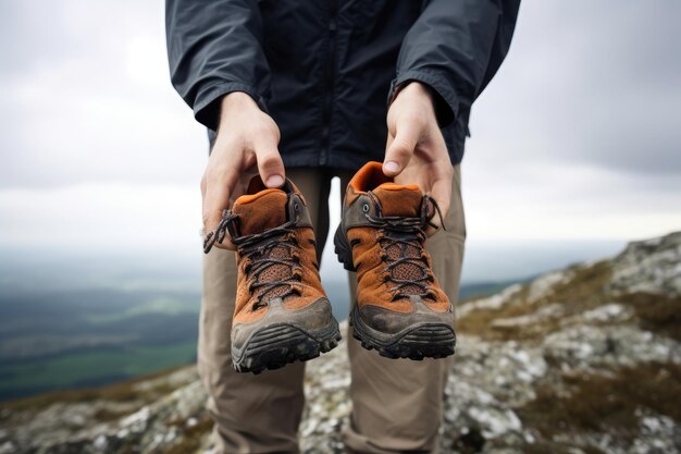 Scatto di un giovane che tiene in mano le sue scarpe da trekking create con l'IA generativa