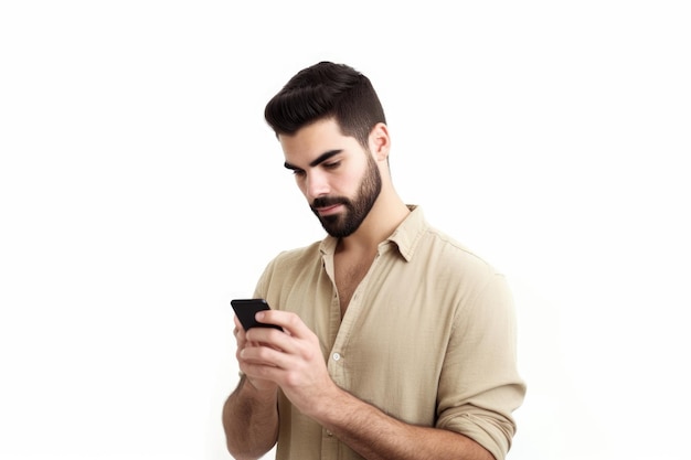 Scatto di un giovane che usa il suo cellulare su uno sfondo bianco creato con l'IA generativa