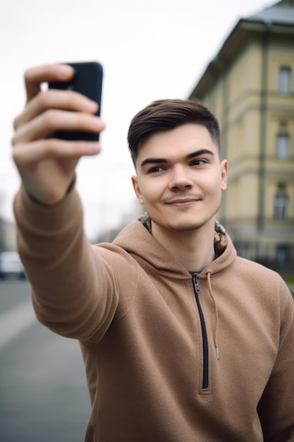 Scatto di un giovane che usa il suo smartphone per scattare un selfie all'aperto creato con l'IA generativa