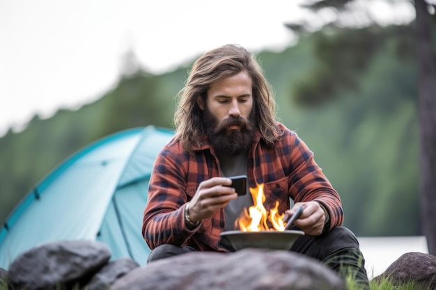 Scatto di un giovane che utilizza un telefono cellulare in campeggio creato con l'IA generativa