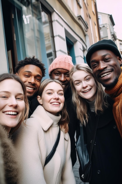 Scatto di un gruppo di persone che si fanno dei selfie mentre stanno fuori