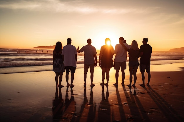 Scatto di un gruppo di persone in piedi insieme sulla spiaggia durante il tramonto creato con l'IA generativa