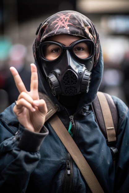 Scatto di un manifestante mascherato che tiene in alto il segno della pace