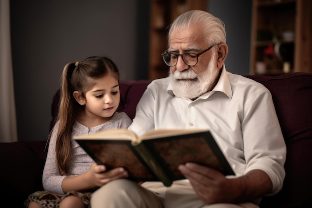 Scatto di un nonno che legge alla sua nipotina a casa creato con l'IA generativa