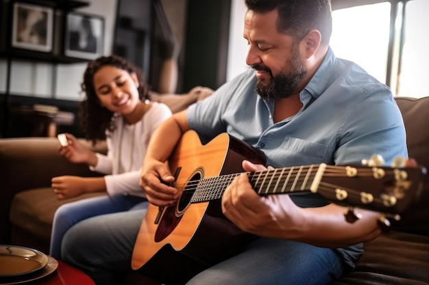 Scatto di un padre che guarda sua figlia suonare la chitarra creata con l'IA generativa