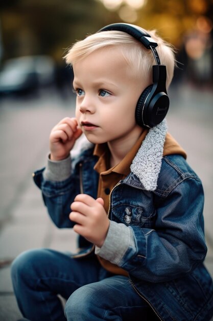 Scatto di un ragazzino che indossa le cuffie mentre ascolta musica fuori creato con l'AI generativa