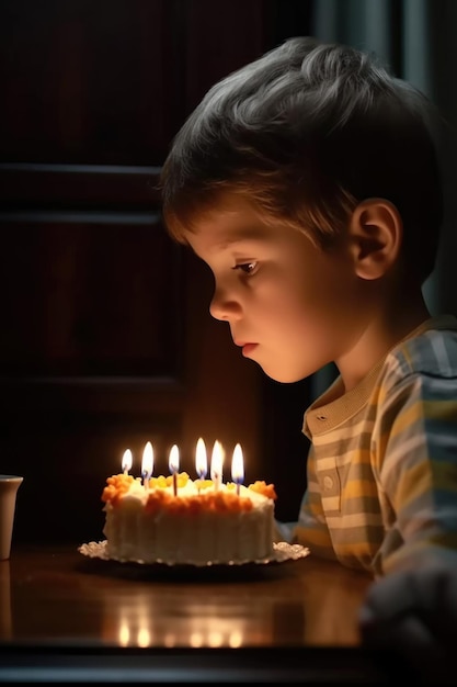 Scatto di un ragazzino che spegne la candelina sulla sua torta di compleanno creata con l'IA generativa