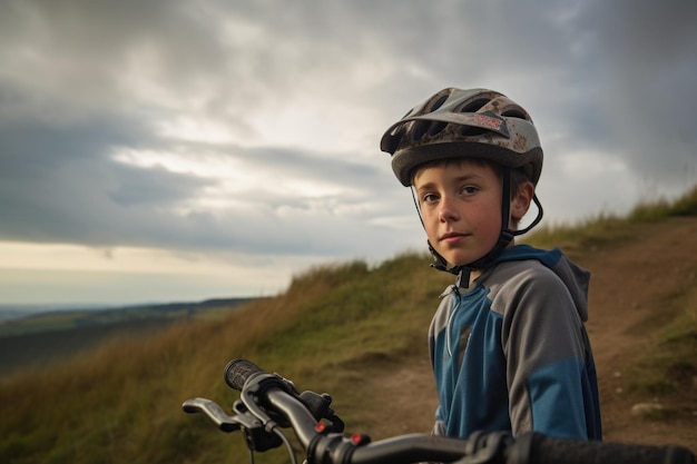 Scatto di un ragazzino su una mountain bike creata con l'IA generativa