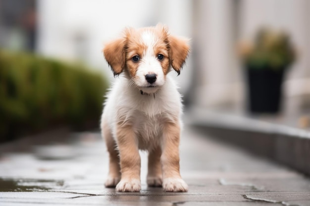 Scatto di un simpatico cucciolo in piedi all'esterno creato con l'IA generativa