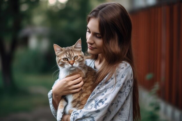 Scatto di un simpatico gattino e del suo proprietario nel cortile creato con l'IA generativa