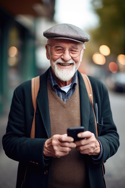 Scatto di un uomo anziano allegro che utilizza il suo smartphone all'esterno creato con l'IA generativa