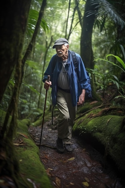 Scatto di un uomo anziano che fa un'escursione da solo nella foresta pluviale creato con l'IA generativa