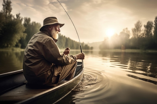 Scatto di un uomo anziano che pesca da una barca sul lago creato con l'IA generativa
