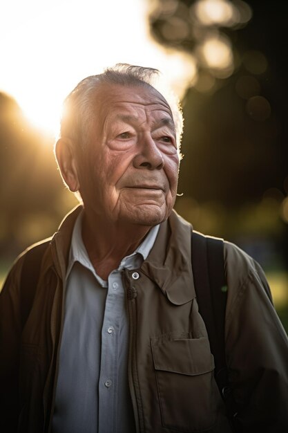scatto di un uomo anziano fuori per una passeggiata in prima serata creato con generativa ai