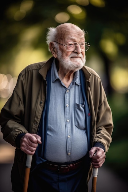 Scatto di un uomo anziano fuori per una passeggiata pomeridiana creato con l'IA generativa