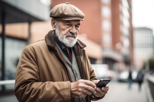 Scatto di un uomo anziano in piedi all'aperto che usa il suo cellulare creato con l'IA generativa