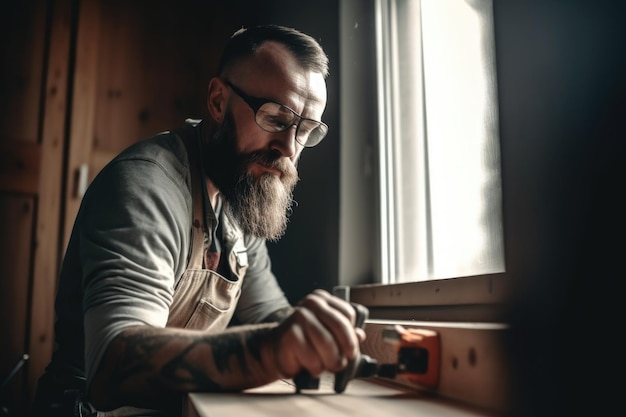 Scatto di un uomo che fa un lavoro di falegnameria a casa creato con l'IA generativa