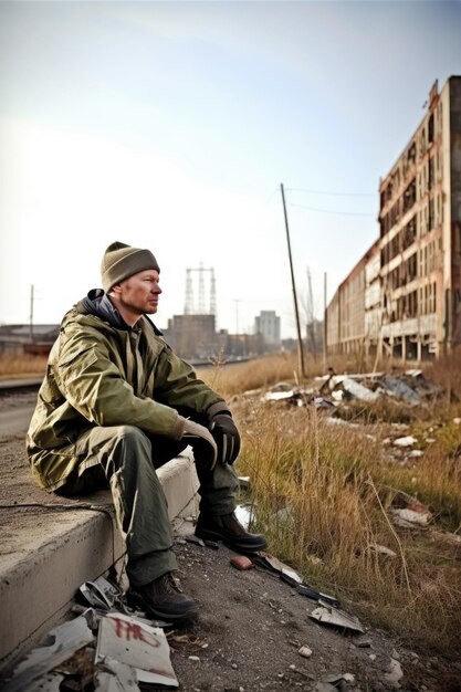 Scatto di un uomo che fa una pausa mentre attraversa un deserto urbano